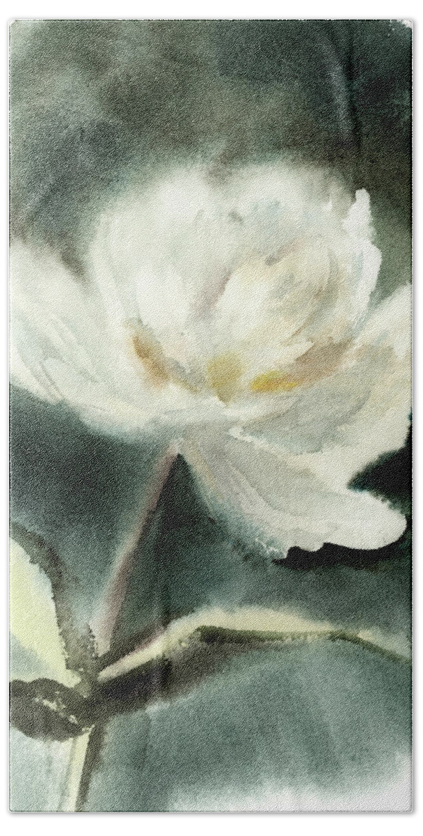 Watercolor Painting Hand Towel featuring the painting White peony #1 by Sophia Rodionov
