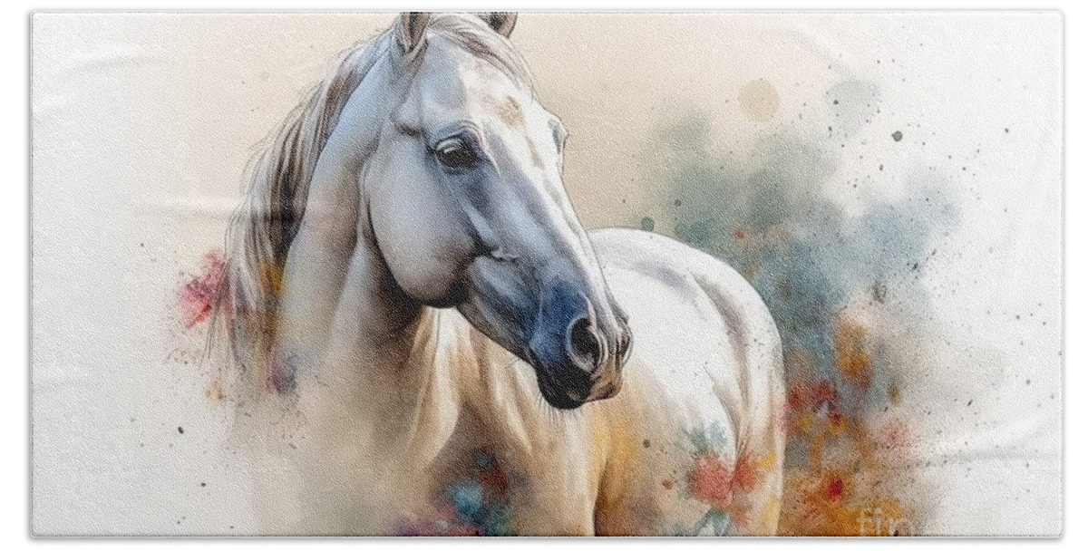 Generative Hand Towel featuring the painting White purebred Arab horse on a watercolor painting. #1 by N Akkash