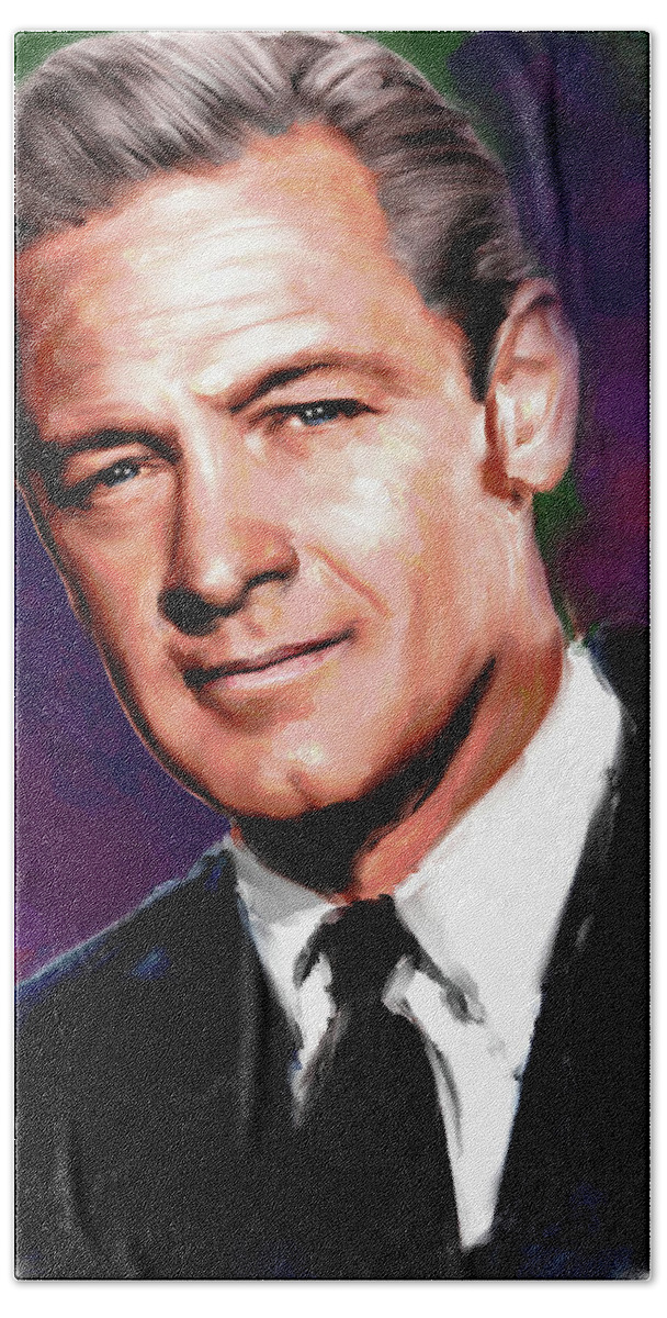 Bio Bath Towel featuring the painting William Holden - bio by Movie World Posters