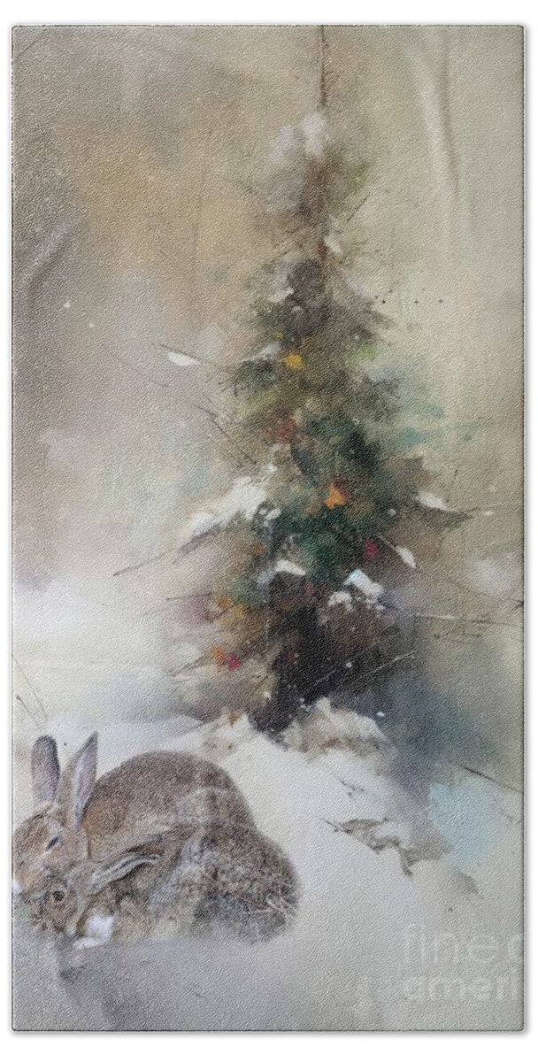 European Hares Hand Towel featuring the mixed media Winter in the Woods #1 by Eva Lechner