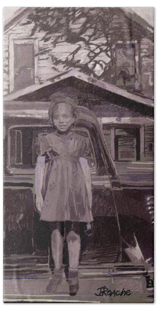 Girl Bath Towel featuring the painting Young Girl in Front of Car #1 by Joe Roache