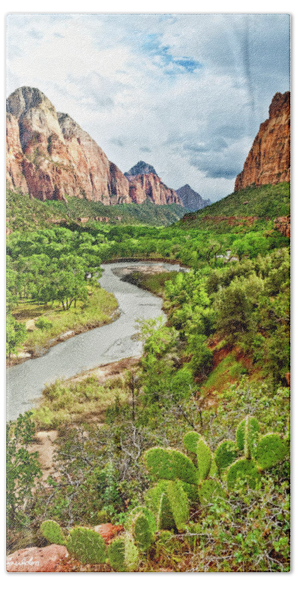 Cactus Bath Towel featuring the photograph Zion Canyon and the Meandering Virgin River at Dusk #1 by Jeff Goulden