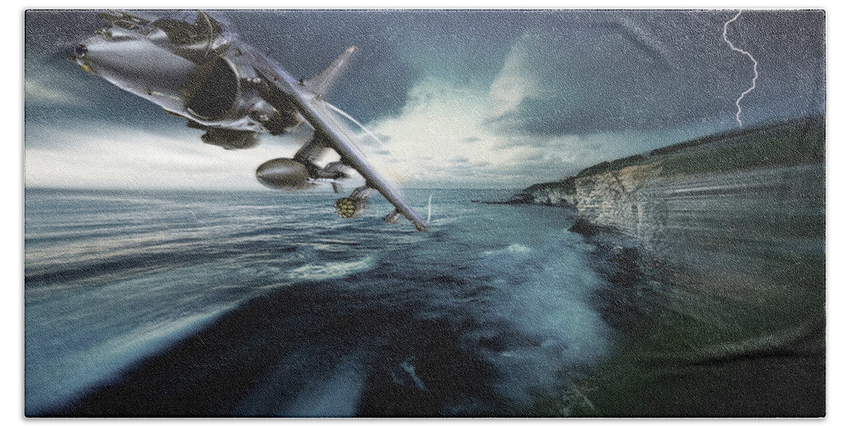 Harrier Bath Towel featuring the digital art British Aerospace Harrier II GR9 White Cliffs Pass by Custom Aviation Art