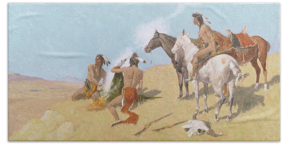 Frederic Remington Hand Towel featuring the painting The Smoke Signal by Frederic Remington by Mango Art