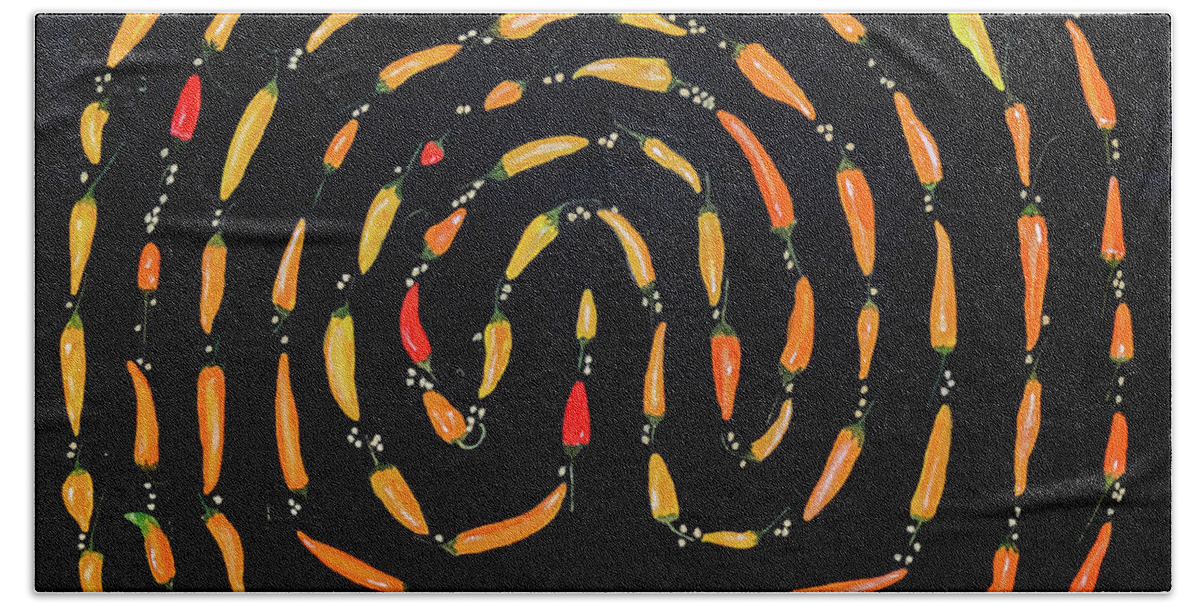 Chilis Hand Towel featuring the painting 100 Chili Labyrinth by Cyndie Katz