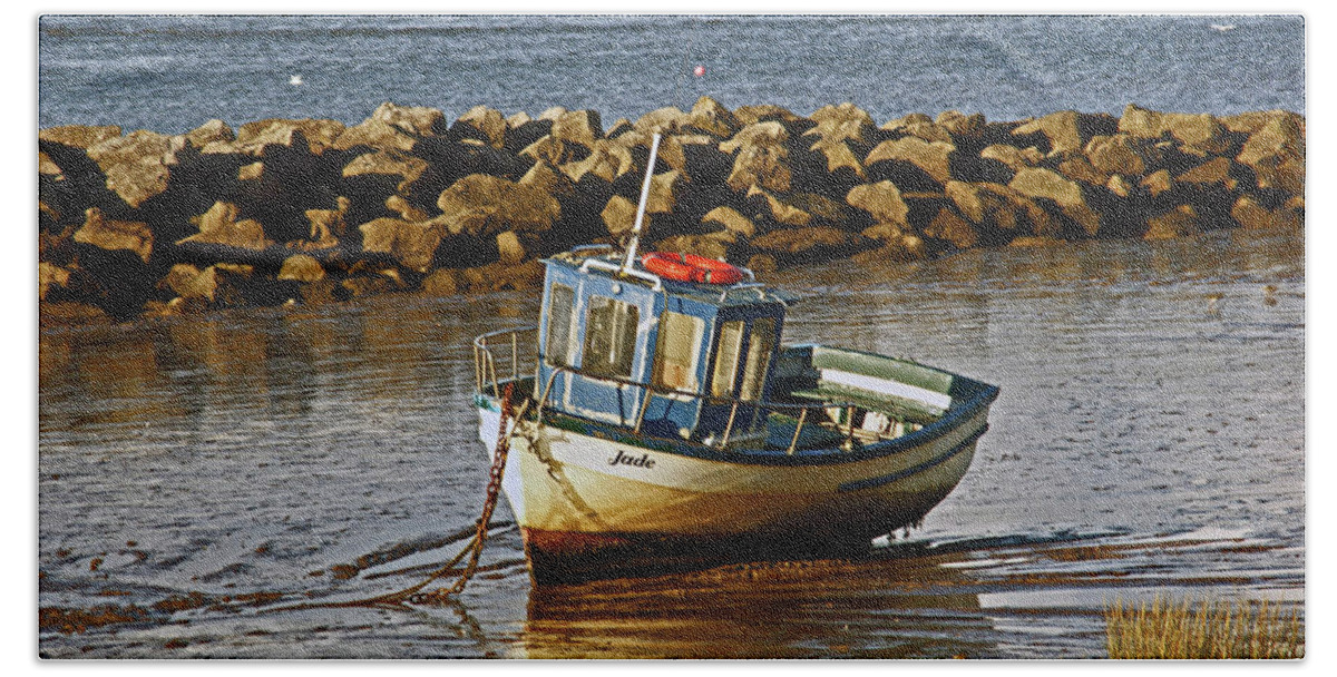 Morecambe Hand Towel featuring the photograph 11-10-14. MORECAMBE. Fishing Boat Jade. by Lachlan Main