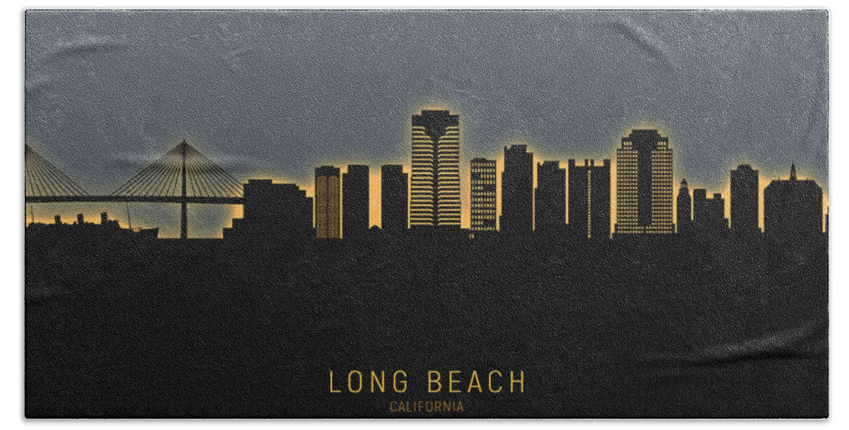 Long Beach Hand Towel featuring the digital art Long Beach California Skyline by Michael Tompsett