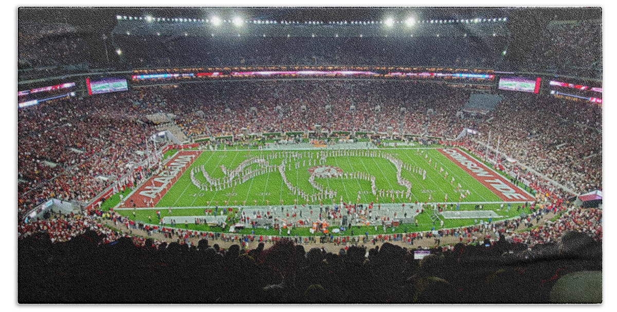 Gameday Bath Towel featuring the photograph Night Panorama Bryant-Denny Stadium by Kenny Glover
