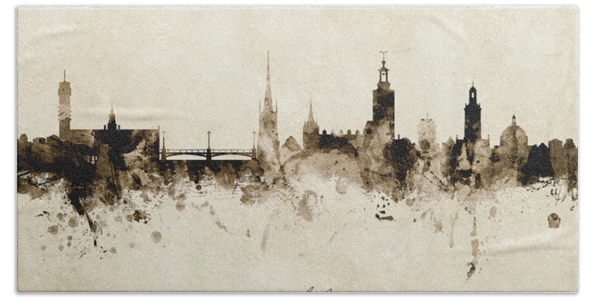 Stockholm Hand Towel featuring the digital art Stockholm Sweden Skyline #12 by Michael Tompsett