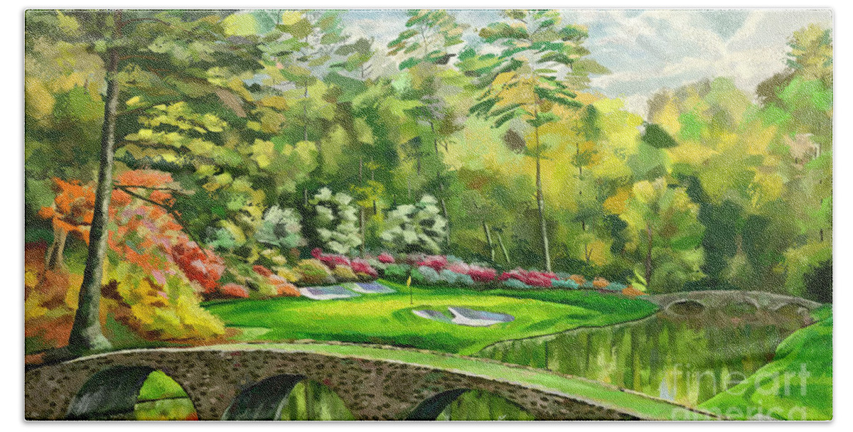 12th Hole Golden Bell Augusta National Golf Club Bridges Bath Towel featuring the painting 12th Hole Golden Bell Augusta National Impressionistic by Tim Gilliland