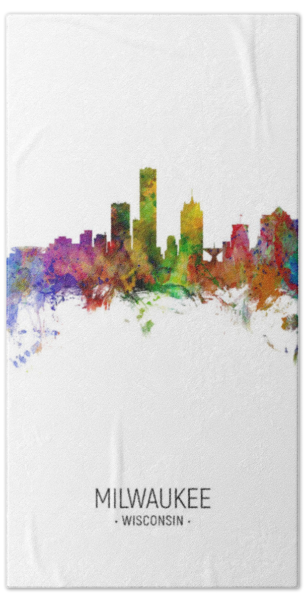 Milwaukee Hand Towel featuring the digital art Milwaukee Wisconsin Skyline by Michael Tompsett