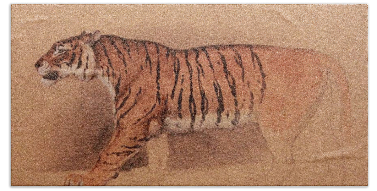 Raden Saleh (circa 1811 –1880) - Watercolor Study Of A Walking Tiger Hand Towel featuring the painting Raden Saleh #13 by Artistic Rifki