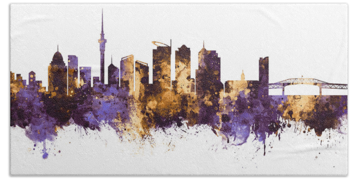 Auckland Hand Towel featuring the digital art Auckland New Zealand Skyline #15 by Michael Tompsett