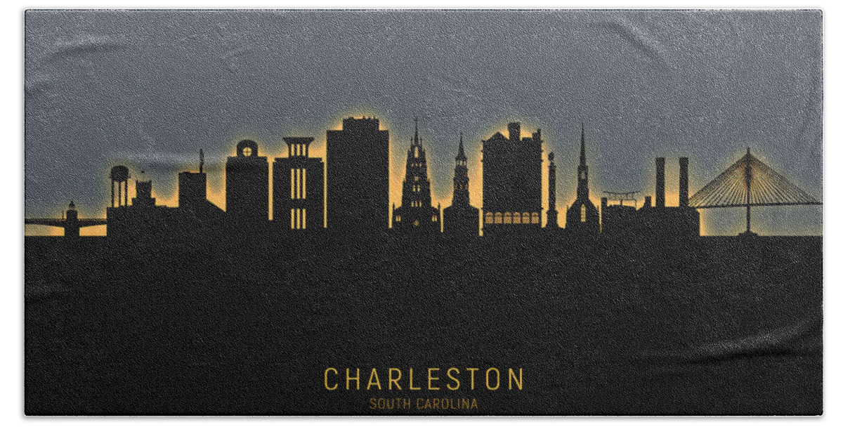 Charleston Hand Towel featuring the digital art Charleston South Carolina Skyline #16 by Michael Tompsett