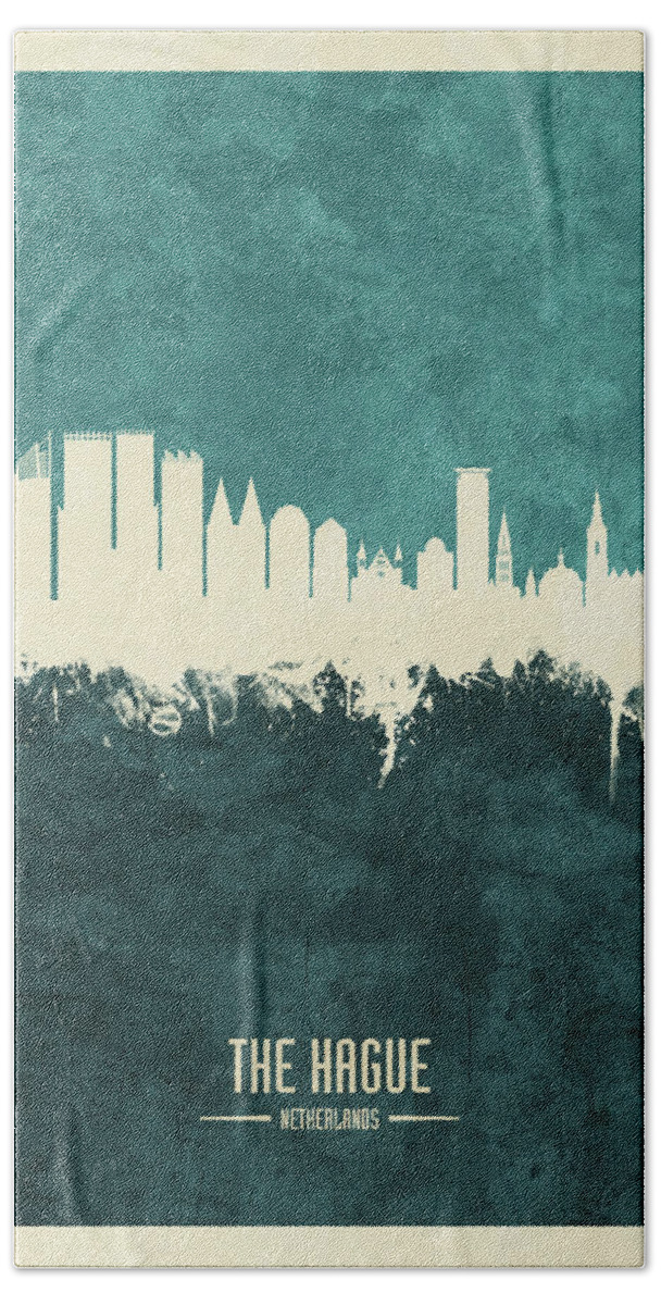 The Hague Hand Towel featuring the digital art The Hague Netherlands Skyline #17 by Michael Tompsett