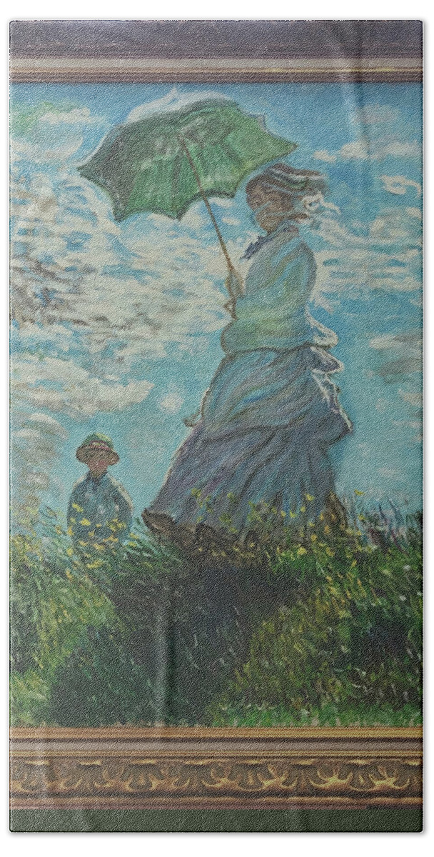 Woman Hand Towel featuring the painting Woman with a Parasol by Claude Monet by Mango Art