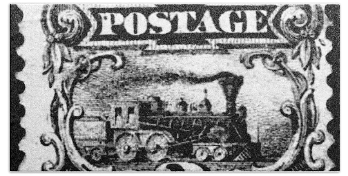 Stamp Hand Towel featuring the digital art 1869 United States - No.114 - 3cts. Black and White Proof - Stamp Art by Fred Larucci