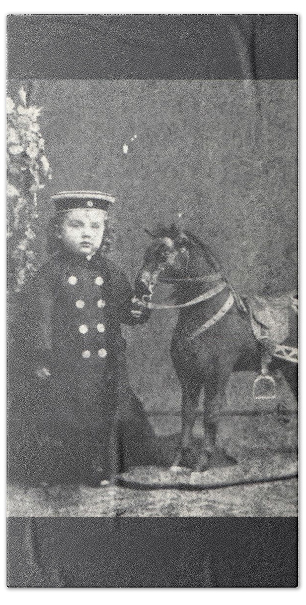 Boy Bath Towel featuring the photograph 1876 Boy with Toy Horse, Antique Photograph by Thomas Dans