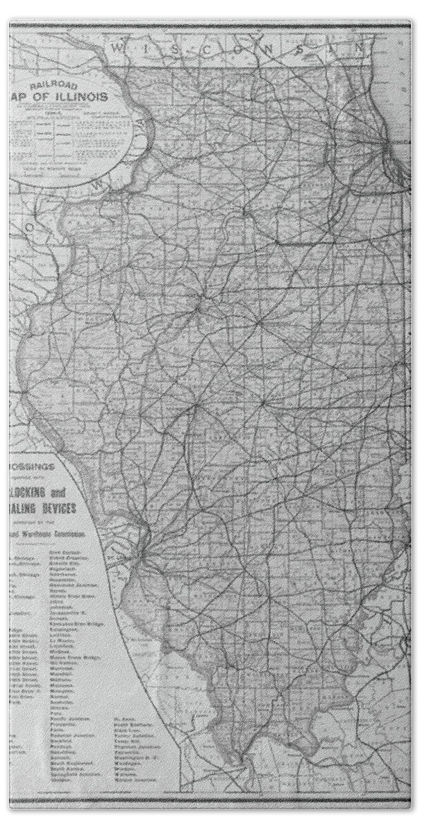 1885 Bath Towel featuring the photograph 1895 Historical Railroad Map of Illinois Black and White Map by Toby McGuire