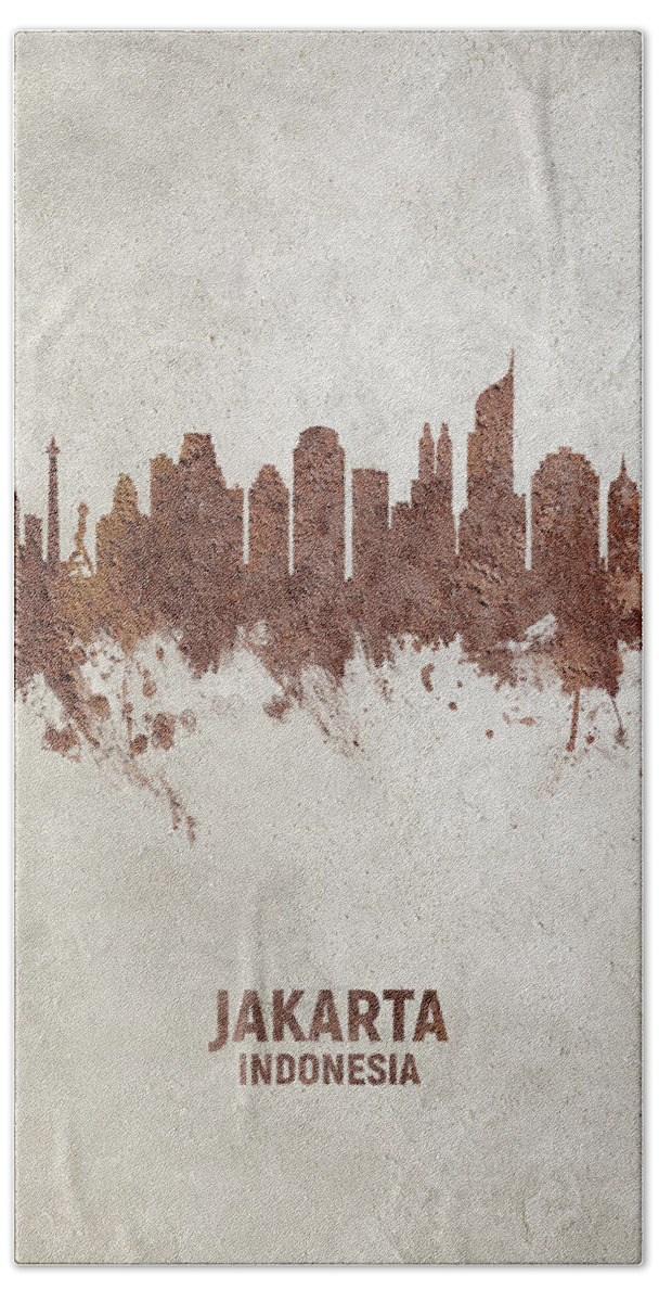 Jakarta Hand Towel featuring the digital art Jakarta Skyline Indonesia #19 by Michael Tompsett
