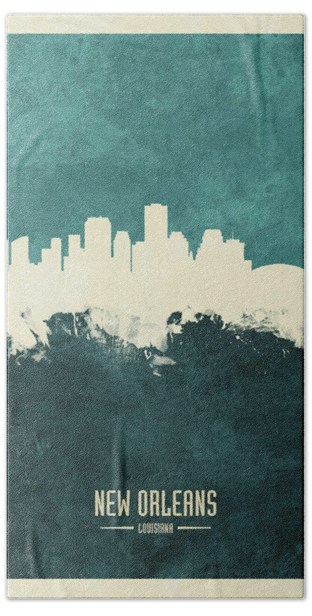 New Orleans Hand Towel featuring the digital art New Orleans Louisiana Skyline by Michael Tompsett