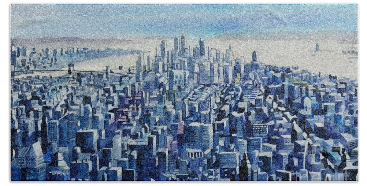 City Hand Towel featuring the painting 1910 Cityscape in Blue by John W Walker