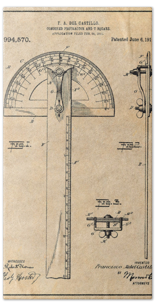 1911 Combined Protractor And T Square Patent Print Bath Towel featuring the drawing 1911 Combined Protractor and T Square Antique Paper Patent Print by Greg Edwards