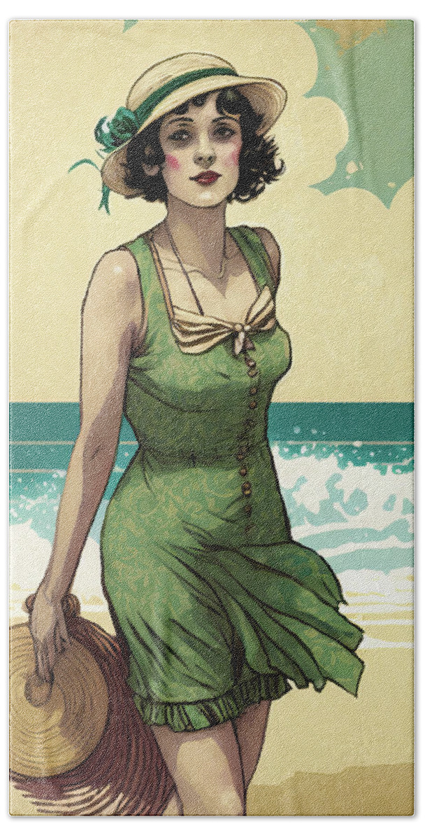 Flapper Bath Towel featuring the digital art 1920s Flapper Woman at the Beach 01 by Matthias Hauser