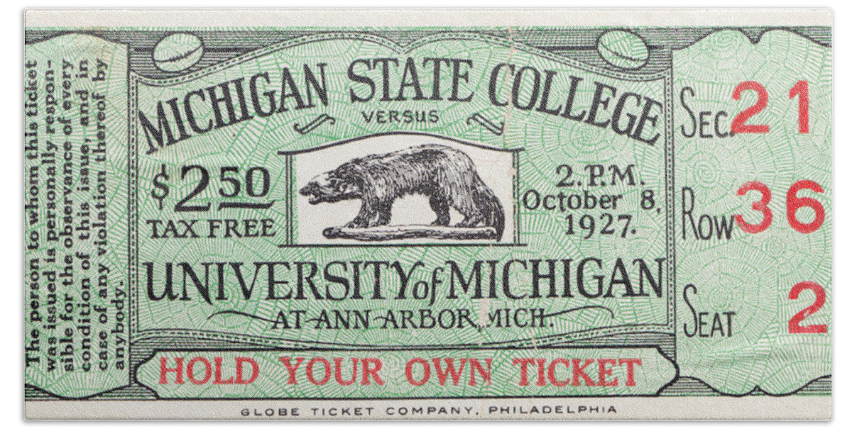 Michigan Football Tickets Bath Towel featuring the mixed media 1927 Michigan State vs. Michigan by Row One Brand