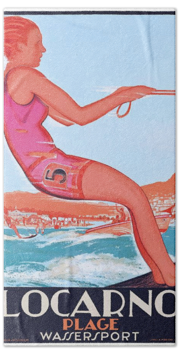 Locarno Hand Towel featuring the digital art 1928 SWITZERLAND Locarno Watersports Travel Poster by Retro Graphics