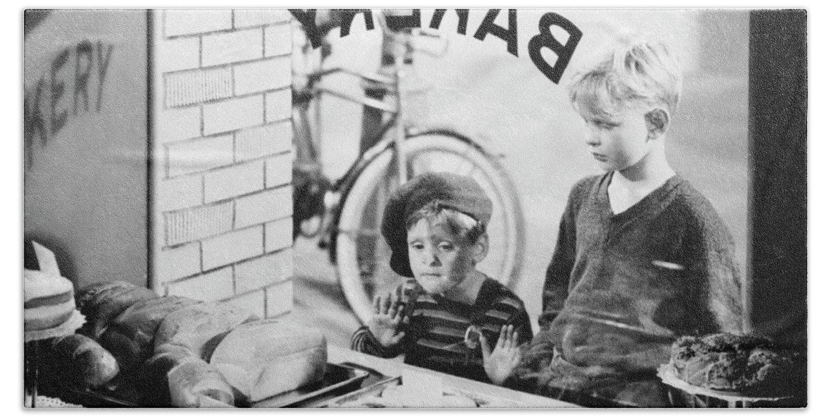1930s 1940s Two Boys Looking In Bakery Shop Window At Desserts One Boy  Pressing Hands And Nose Again Bath Towel