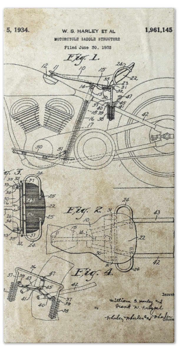 1934 Motorcycle Saddle Patent Bath Towel featuring the drawing 1934 Motorcycle Saddle Patent by Dan Sproul