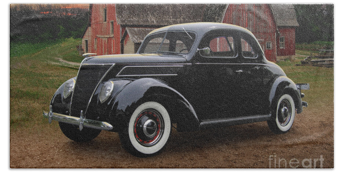 1937 Bath Towel featuring the photograph 1937 Ford Coupe, Carver County Barn by Ron Long