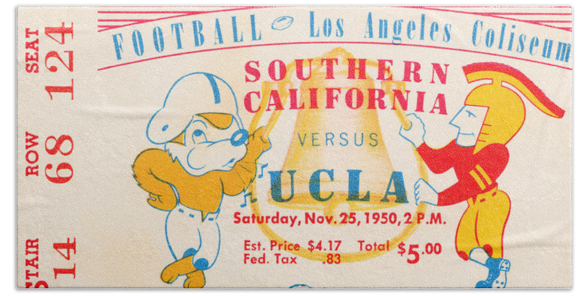 Ucla Bath Towel featuring the mixed media 1950 USC vs. UCLA Ticket Stub Art by Row One Brand