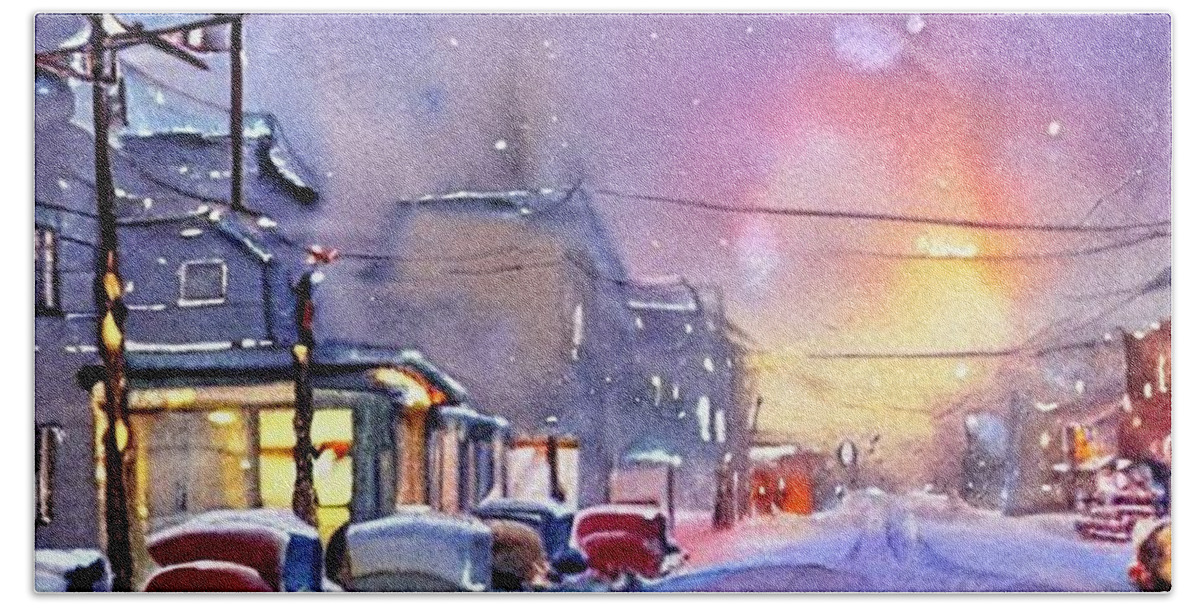 Watercolor Bath Towel featuring the painting 1950s Streetscape in Winter by Christopher Lotito