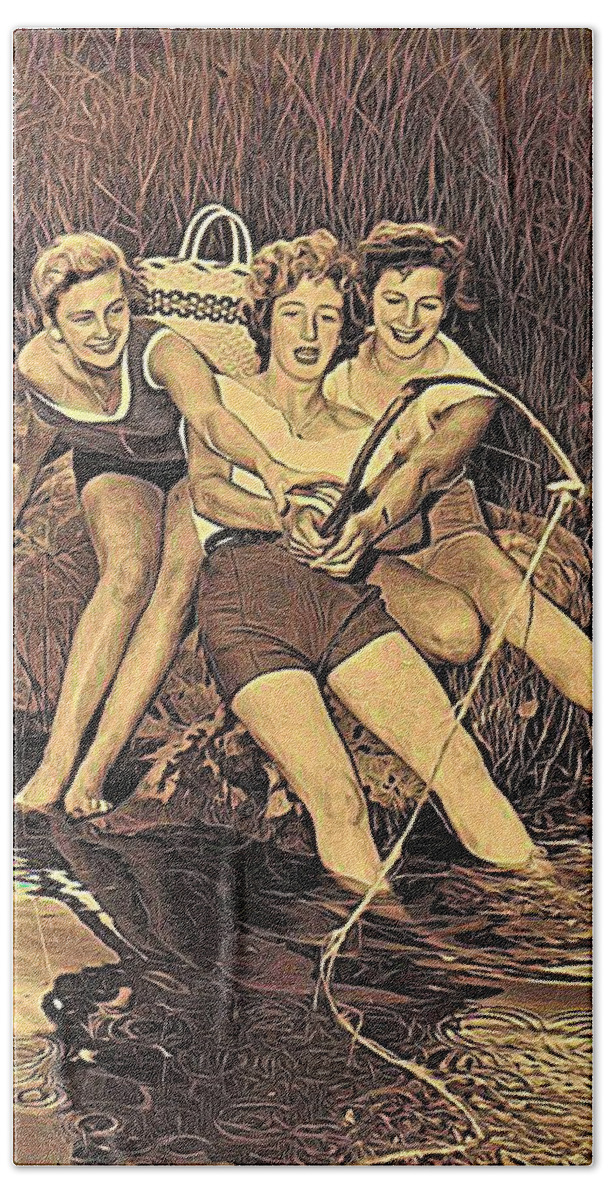 Modern Picture Painting Bath Towel featuring the mixed media 1950s Threes Sisters Fishing For...2of2 by Joan Stratton