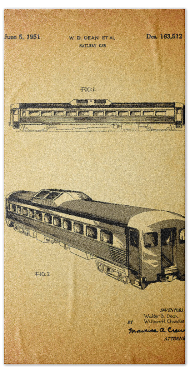 1951 Railway Car Patent Bath Towel featuring the drawing 1951 Railway Car Patent by Dan Sproul