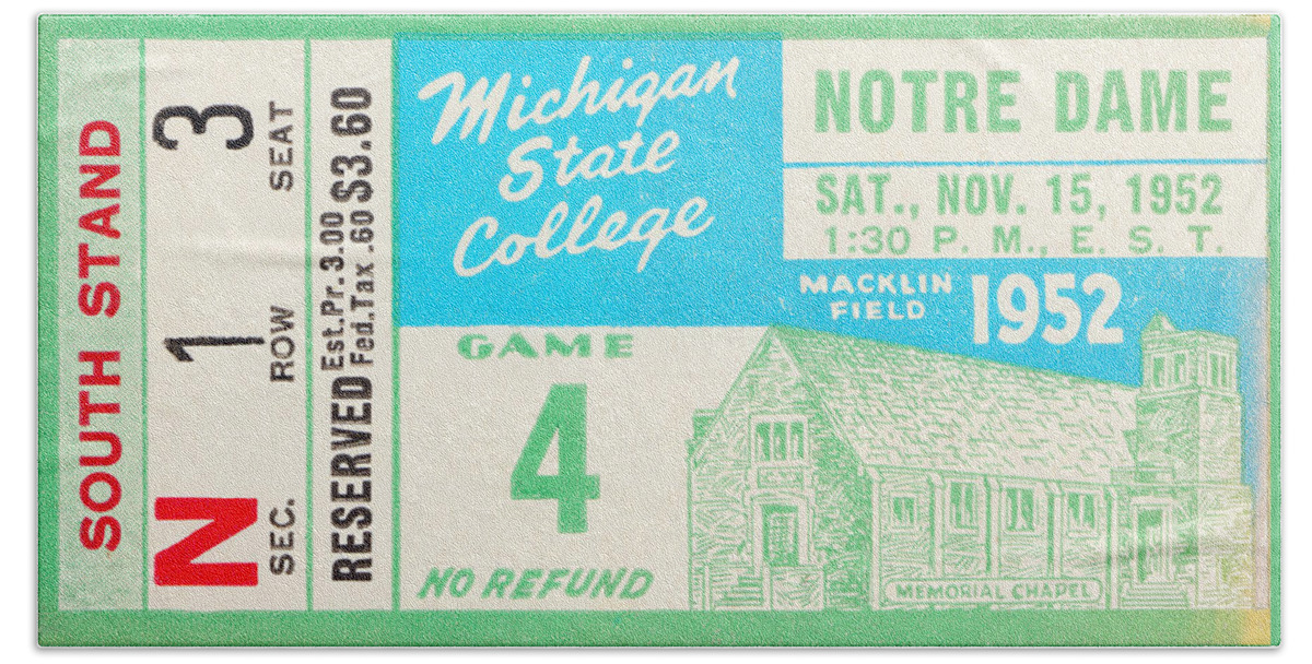 Michigan State University Bath Towel featuring the mixed media 1952 Notre Dame vs. Michigan State Football Ticket by Row One Brand