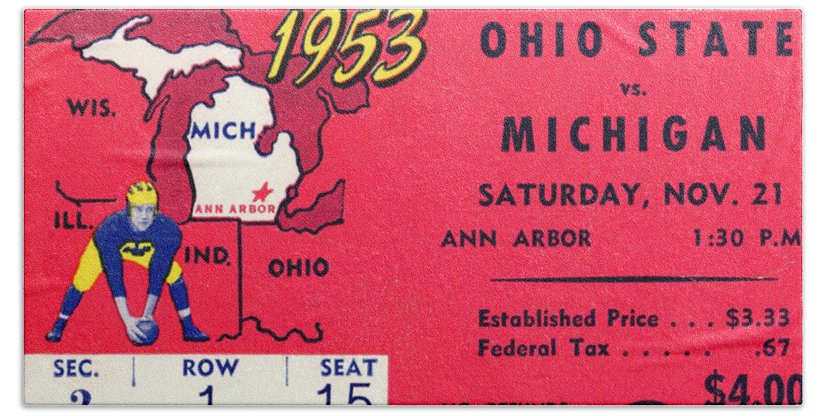 Ann Arbor Bath Towel featuring the mixed media 1953 Ohio State vs. Michigan by Row One Brand