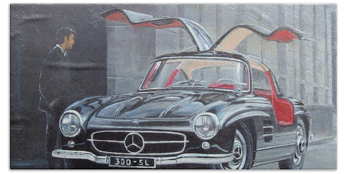 Acrylic Paintings Bath Towel featuring the painting 1954 Mercedes Benz 300 sl Gullwing by Sinisa Saratlic