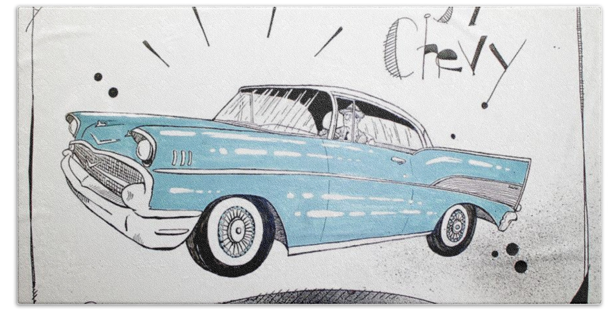  Hand Towel featuring the drawing 1957 Chevy by Phil Mckenney