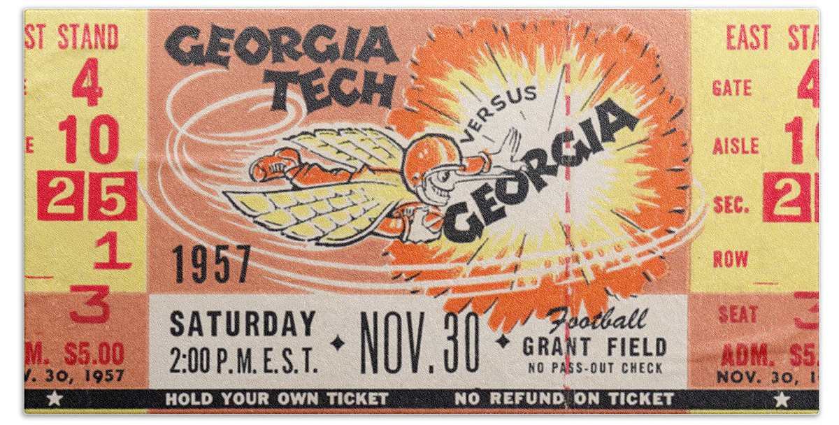 1957 Bath Towel featuring the mixed media 1957 Georgia Tech vs. Georgia Football Ticket Art by Row One Brand