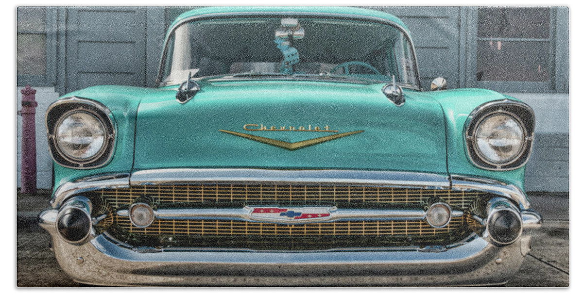 1957 Bath Sheet featuring the photograph 1957 Turquoise Chevy Bel Air by Kristia Adams