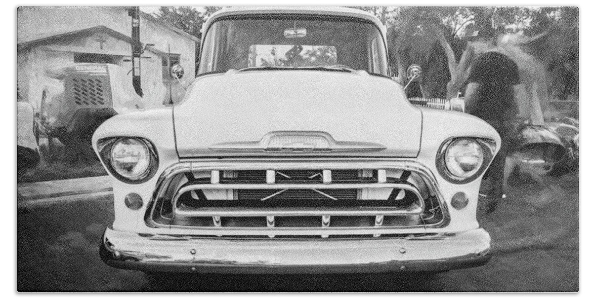 1957 White Chevrolet Bath Towel featuring the photograph 1957 White Chevy Pick Up Truck 3100 Series X141 by Rich Franco