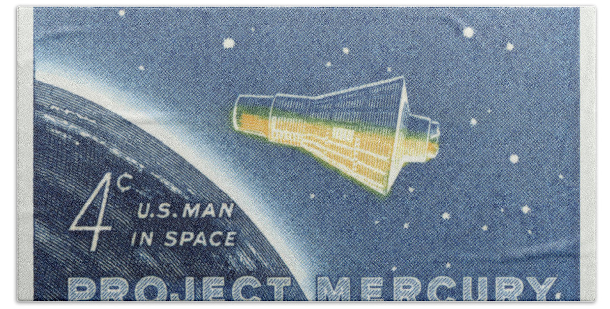 Astronaut Bath Towel featuring the digital art 1962 Project Mercury Stamp by Greg Joens