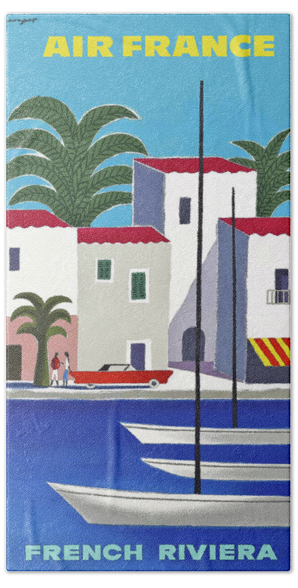 Air France French Riviera Hand Towel featuring the digital art 1965 Air France French Riviera Travel Poster by Retro Graphics