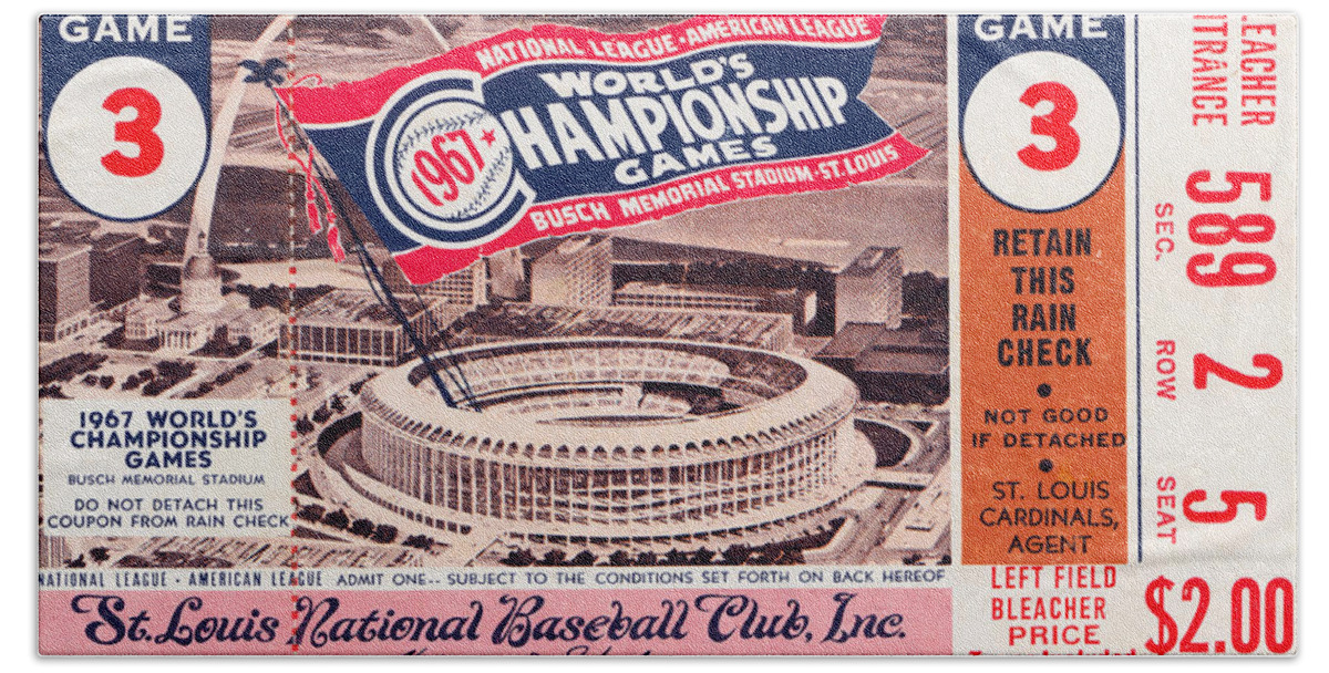 St. Louis Hand Towel featuring the mixed media 1967 World Series Ticket Stub Art by Row One Brand