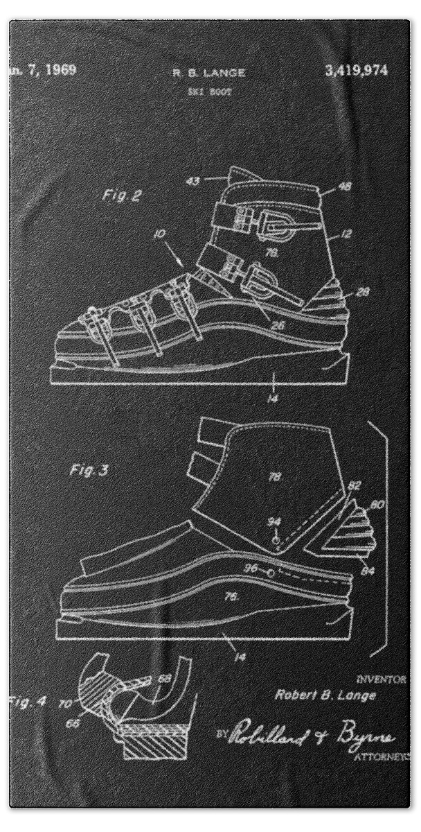 1969 Ski Boot Patent Hand Towel featuring the drawing 1969 Ski Boot Patent by Dan Sproul