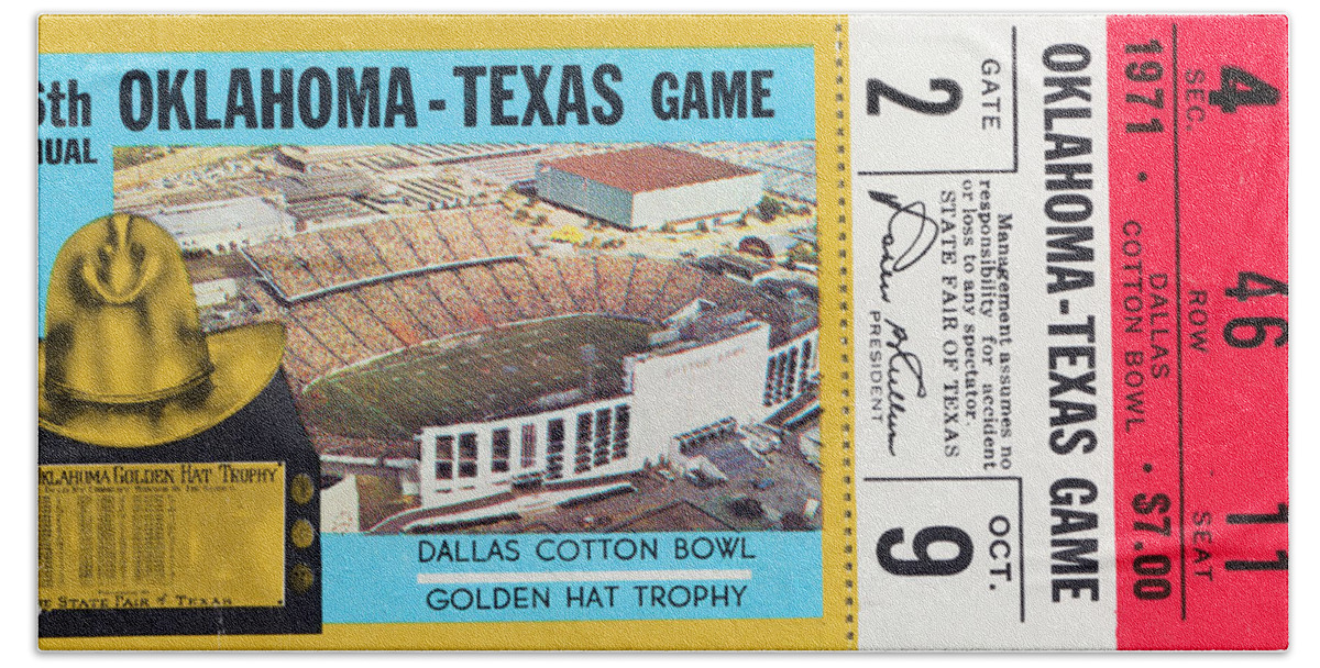 Oklahoma Football Bath Towel featuring the mixed media 1971 Oklahoma vs. Texas by Row One Brand