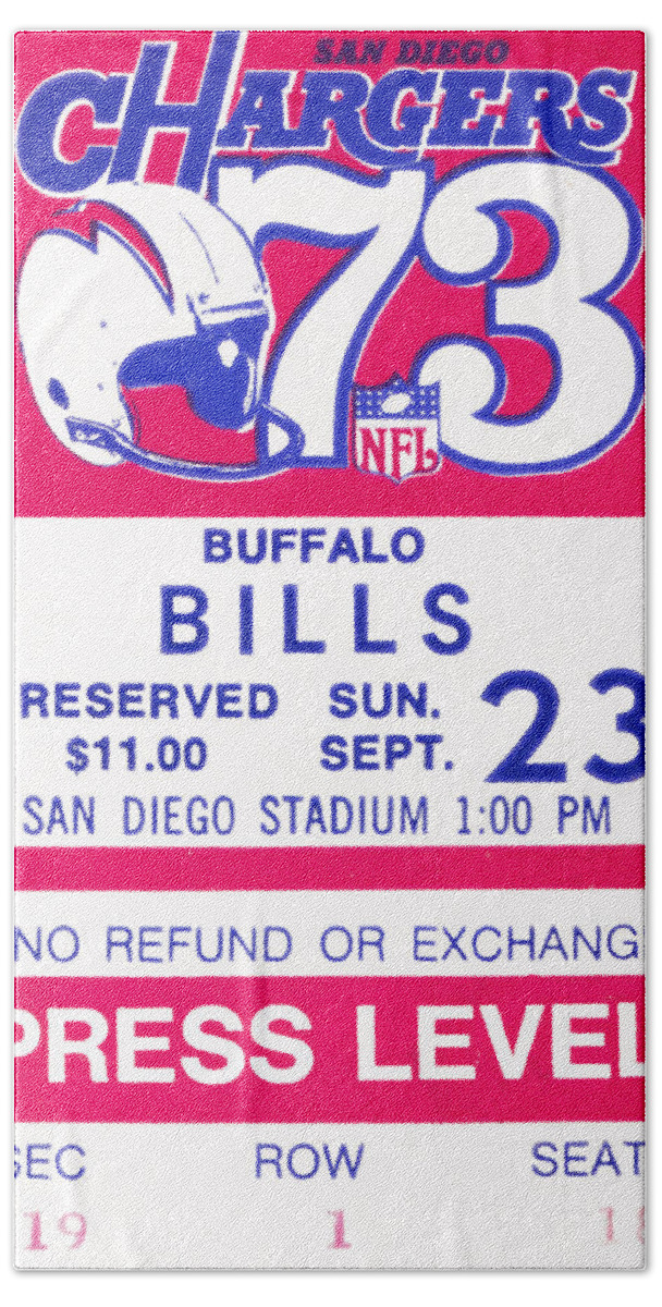 San Diego Tickets Bath Towel featuring the mixed media 1973 San Diego Chargers vs. Bills Ticket by Row One Brand